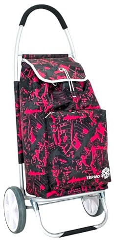Carro de la Compra Plegable Carrito de Mercado en Aluminio Super Ligero 50L litros, Bolsa Impermeable + Bolsa isotérmica, Subir y Bajar escaleras (Rojo Estampado)