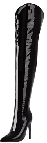 HSyc JRX Stivali sopra il ginocchio a spillo con tacco alto 12 cm tacco in vernice, laccato nero, 41.5 EU