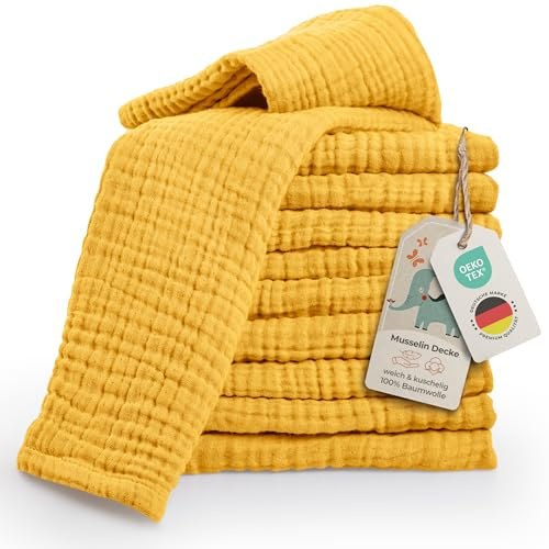 LAYNENBURG 10er-Set Premium Spucktücher Baby aus extra weichem Musselin - 100% Baumwolle - 30x50cm - Oeko Tex 100 - Musselin-tücher als Mulltücher, Mullwindeln oder Stoffwindeln (gelb)