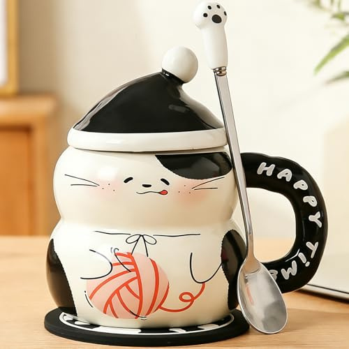 Disoza 400 ml kattmugg kattkopp med lock katter dekoration present keramik tekopp jul mugg födelsedagspresent kattkopp 3D kaffekopp för män bror vän kvinnor flickvän