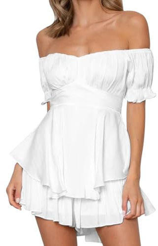 Hanaoops Tuta Intera Donna Corta Estiva Jumpsuit Casuale Pagliaccetto Boho Monopezzi Pantaloncini Mini Abito Un Pezzo Casual Senza Spalline Tuta a Doppio Strato Orlo con Volant