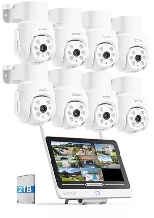 ZOSI 5MP Telecamera di Sorveglianza per Esterno, 8CH 2TB NVR con 12” Monitor, 8x Telecamera WiFi 6 Pan &Tilt, Audio a 2 Vie, Rilevamento Persone AI, Visione Notturna a Colori, C280