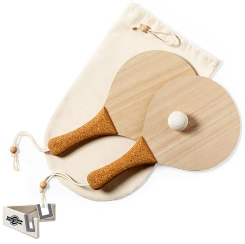 Palas de Playa de Madera Ecológica y Mango de Corcho – Set de Raquetas con Pelota y Funda de Algodón – Juego Familiar para Verano, Piscina y Exterior, Niños y Adultos