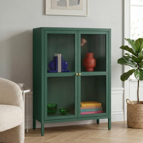 [en.casa] Aparador Säkylä Puertas de Vidrio Acanalado 84x66x35 cm Verde