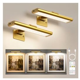 EZVALO Iluminación de Imagen Inalámbrica, Lámpara de Pared Inalámbrica para Interiores, Luces LED con Batería para Espejo de Baño, Cuadros, Pinturas y Fotos (2 Piezas, Oro)