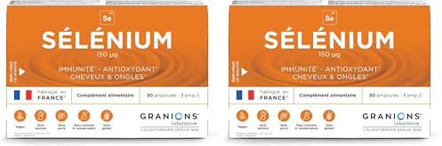 Granions® SÉLÈNIUM 150 µg - 30 ampoules : 30 jours - Immunité - Antioxydant - Cheveux & ongles - 150 µg de Sélénium - Made in France (Lot de 2)