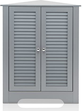 CASART Floor Storage Cabinet, Multipurpose Corner Shelf with Double Louver Cabinet Doors, Stand Organizer Cupboard Unit for Kitchen, Living Room, Bathroom and Hallway (Grey)