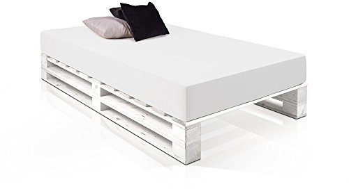 PALETTI Massivholzbett Duo Holzbett Palettenbett Bett aus Paletten mit 11 Leisten, Palettenmöbel Made in Germany, 120 x 200 cm, Fichte Weiss