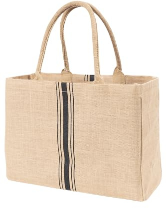 KAF Home Jute Market Tote Bag with Handles, Triple Stripe