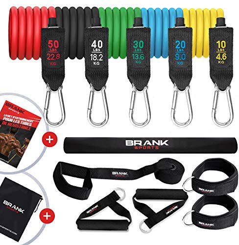 BRANK SPORTS® Kit Complet d'élastiques Musculation avec poignées | Résistance Ajustable équivalent Poids de 5 à 68kg | Pack Bandes Elastiques Musculation de 13 Accessoires | Marque française