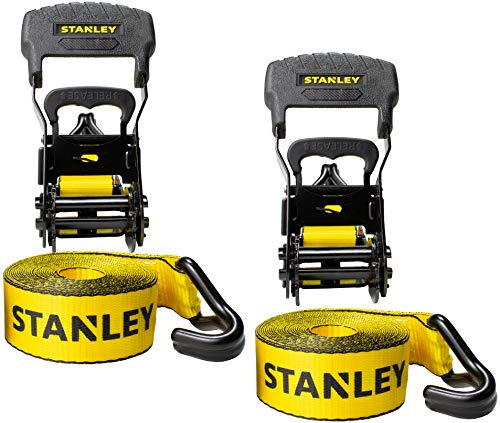STANLEY S1007 Black/Yellow 1.5 x 16' Ratchet Tie Down Straps - 1,100 lb Safe Working Load / 3,300 lb Break Strength, 2 Pack