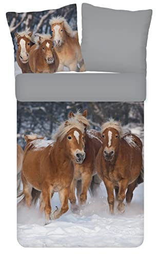 ESPiCO Bettwäsche Trendy Bedding Pferde Haflinger Schnee Winter Fell Stute Wendeoptik Flanell, Größe:135 cm x 200 cm