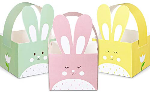 Whaline 24pcs Easter Treat Boxes Happy Easter Gift Box with Handle Cute Bunny Rabbit Easter Basket Containers Rabbit Shape Candy Goody Cookie Box Holder For School Classroom Party Favor Supplies