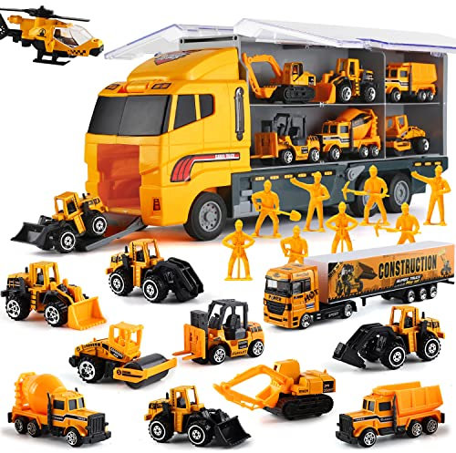 SWUNXION 19 en 1 Lot de Camion de Construction Jouet de Véhicules de Chantier Ensembles Ouvriers Tracteur Bétonnière Bulldozer Truck Excavatrice Cadeau pour Enfant Garçon Fille Anniversaire Noël Fête