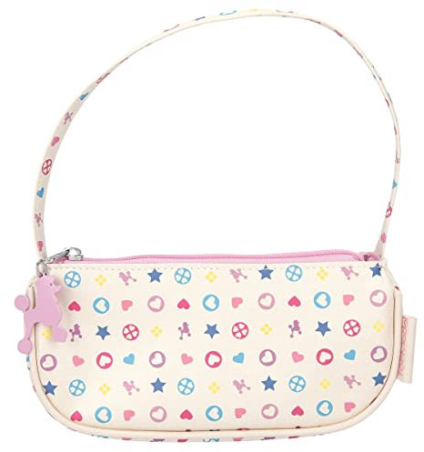 Depesche 11224 TOPModel Bling Bling - Kleine Handtasche in Weiß und mehrfarbigem Icon-Muster, Täschchen mit einem Hauptfach und pinkem Hunde-Anhänger am Reißverschluss