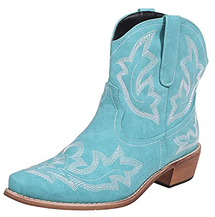Kinyahoe Cowboy Boots for Women Cowgirl Western Ankle Booties Pointed Toe Low Chunky Heel Embroidered Classic Short (Turquoise, 42)