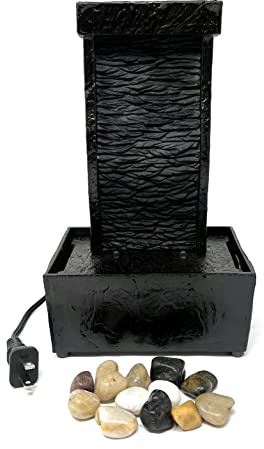 Nature's Mark 9.6 H Curved Black Slate Tabletop Water Fountain with Natural River Rocks and LED Lights (Power Cord Attached)