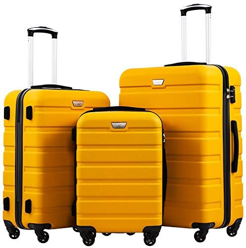 COOLIFE Valigie Valigia Trolley rigido ultraleggero e capiente,Chiusura a combinazione laterale con TSA, 4 ruote per facilitare il trasporto (Giallo, Set da 3 Pezzi)