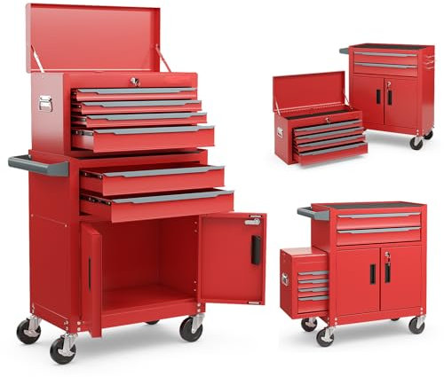 COSTWAY Large Tool Cabinet, Lockable Metal Tool Chest Combo with Detachable Top Cabinet, Wheels, 6 Drawers & Hooks, Heavy-duty Rolling Toolbox Trolley (2-in-1, Red)