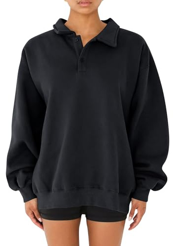 Cioatin Felpa oversize da donna in pile con colletto a polo e colletto a bottone, con spalle larghe, con cappuccio, pullover autunnale, nero, L