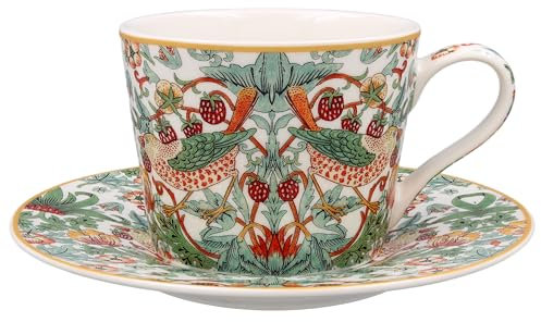 The Leonardo Collection Strawberry Thief Cup & Saucer Set | Designed by William Morris | Tea Cup Set Perfect for Home or Office | Tea Cups and Saucers or Coffee Cup and Saucer for Enjoying Hot Drinks