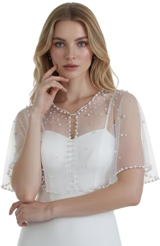 LOVFOIVER Shawls and Wraps for Evening Dress Pearl Bride Wedding Cape Scarves Bolero Cover Up for Women (White)
