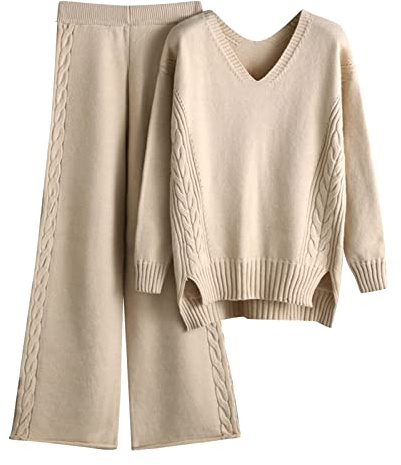 HEONSATI Tuta in Maglia da Donna Eleganti Completi 2 Pezzi Lavorati Comodo Completo Pullover Top Maniche Lunghe Pantaloni a Gamba Larga in Vita Tute Sportive Invernale Set Di Maglia Leggera