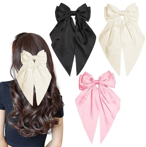 3PCS Large Hair Bow for Women,Black/White/Pink Hair Clips Accessories Big Bowknot Hairpin French Clip with Long Ribbon Solid Color Barrette Clip