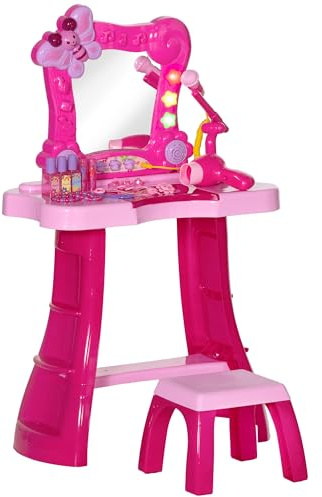 AIYAPLAY Ensemble de Coiffeuse pour Enfants 15 PCS, Table de Maquillage avec Tabouret et Miroir, lumière, Musique, Microphone, sèche-Cheveux, Espace de Rangement, pour Filles de 3 à 6 Ans, Rose