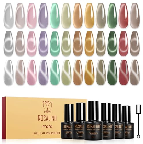 ROSALIND UV Nagellack Jelly Magnet Cateye, 12 färger Silver Rosa Violett Grön Röd Kristall Månsken Cat Eye UV Gel Nagellack, Soak-Off Mini Transparent Magnetisk Gelpolish för Nagelkonst Manikyr