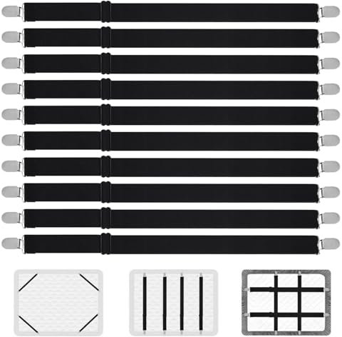 KOXXIAMOQ 10 Piezas Pinzas Sujeta Sabanas Bajeras, Sujetadores para Sábanas, Sujetadores de Hojas Ajustables a 130 cm, Tirantes Tensor de Sábanas Elásticas, Correas Cama Clips para Colchón (Negro)