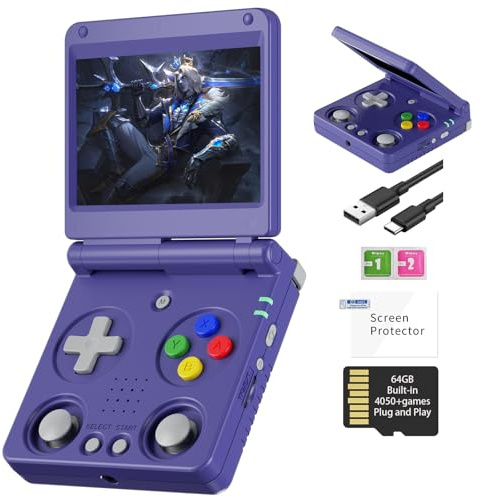 Anbernic RG34XXSP Retro Handheld Game Console Linux 3.4 inch IPS Screen 720*480 5000+ Classic Games 64G Card RG 34XXSP Retro Gaming Console 3300mAh Battery Compatible with WiFi HDMI Bluetooth Purple