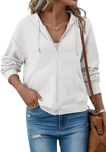 EIRUKON Sudadera Mujer Cremallera con Capucha Manga Larga Sudaderas Oversize Hoodie Gofre Chaqueta Sweatshirt para Otoño Primavera Casual Ropa Outerwear,Blanco.XL