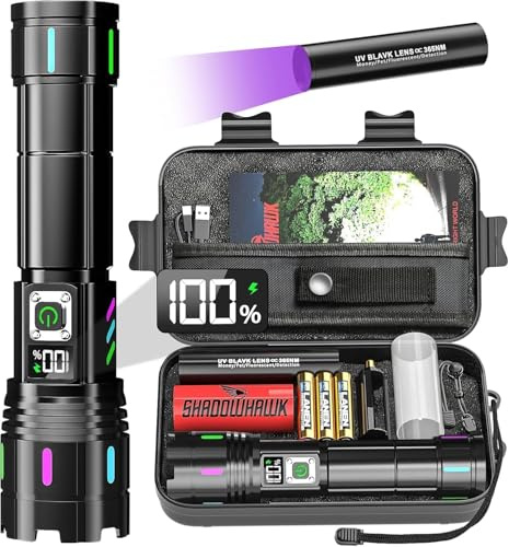 Shadowhawk Lampe Torche Led Ultra Puissante 1,000,000 Lumens | Militaire 12H Éclairag Lampe de Poche Rechargeable, Flashlight Longue Portée pour Camping/Randonnée, Anti-Perte & LCD Display