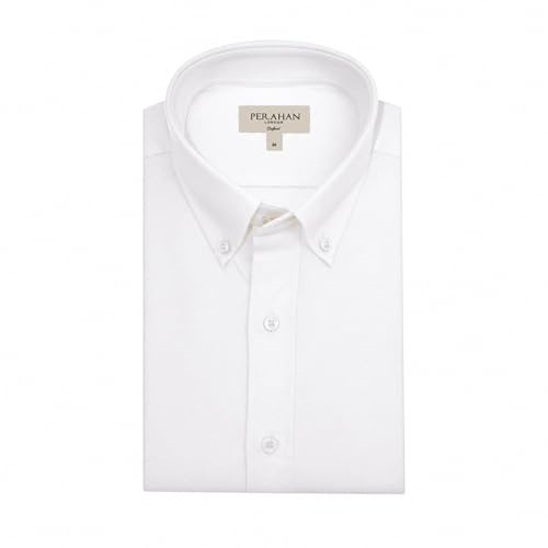Perahan Men's Classic Oxford Casual Shirt, Cotton Regular Fit Long Sleeve (UK, Alpha, M, Regular, Regular, White)