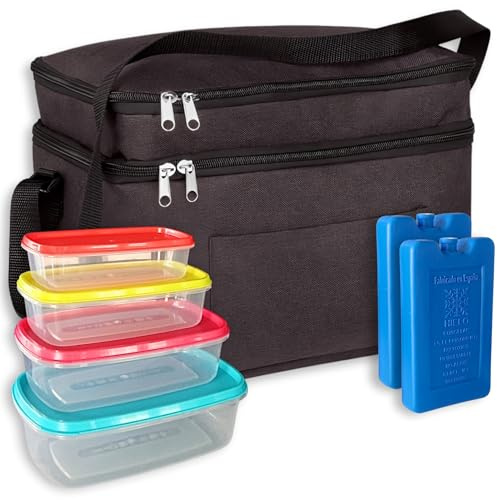 Kit Bolsa Termica Porta Alimentos con 4 Tapers para Comida Hermetico y 2 Acumuladores de Frio. Bolsa Porta Alimentos 10L con Doble Compartimento. Loncheras de Trabajo (Lancheira Termica - Lunch bag)