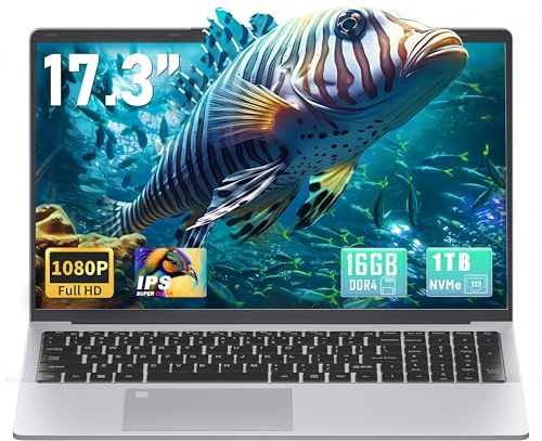 Fsjun 17.3 Inch Laptop Silver, 16GB RAM, 1TB NVMe SSD, Quad-Core N5095 Processor, FHD IPS Display, Backlit KB, Fingerprint Login, HDMI, WIFI, 3*USB3.0, Type-C, 6000mAh Long Battery Student Notebook