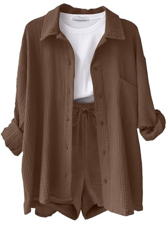 Yutdeng Ensemble 2 Pièces Femme Chic et Élégant Éte Chemise à Manches Longues et Short avec Poches en Coton et Lin Survêtement Tenue de Sport Décontracté Couleur Unie Hauts Streetwear,Marron,XL
