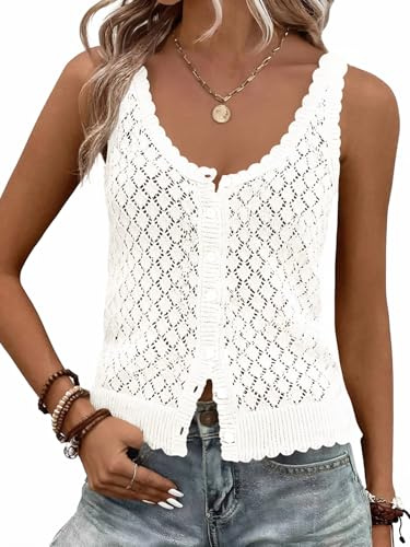 Fisoew Womens Sweater Tank Tops Summer Sleeveless Crochet Cardigan Button Down Boho Knit Going Out Vest Tops White
