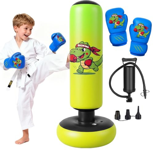 Ninonly 130cm Sac de Frappe Enfant avec Gants Motif Dinosaure Vert