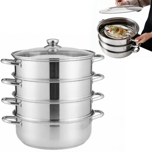 Umllpet Ångkokargryta 28 cm, serveringspanna i rostfritt stål, kokkärl med lock, ångkokare för matlagning av grönsaker, skaldjur, soppor, grytor och pasta (Silver-4 lager)