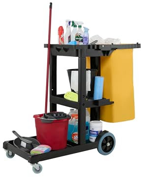 The Workplace Depot Economy Cleaning Cart - Lightweight Black Polythene Janitorial Trolley with Waste Bag, Shelves & Tool Holders for Professional Commercial & Office Use