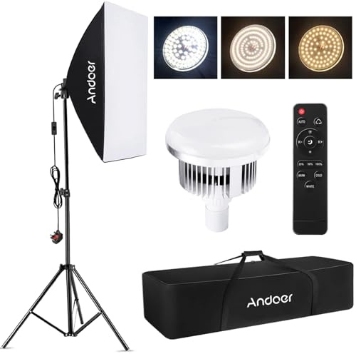 Andoer Softbox Lighting Kit 2800K-5700K 85W Bi-color Temperature LED Bulb with Remote, Photography Lighting Kit with 50x70cm Softbox, 2m Light Stand, Softbox Kit for Studio Photography, 1 Set