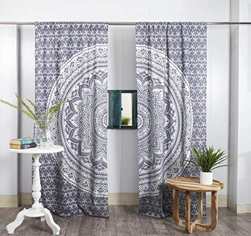 Popular Handicrafts Vorhangpaneele Volant Fenster Indisch Hippie Bohemian Schönes Set von 2 Ombre Mandala Lichtfilterung Sheer Room Grau Silber
