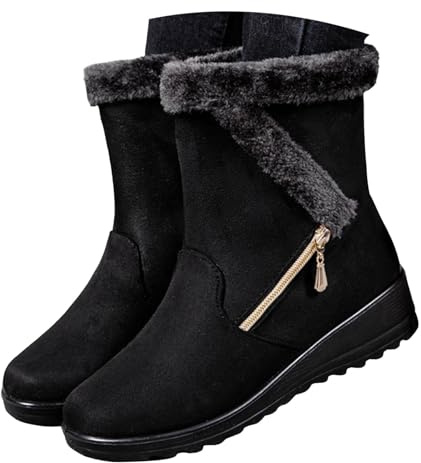 Hbeylia Platform Winter Snow Boots For Women Fleece Lining Flip Warm Wedge Chunky Block Mid Heels Ankle Boots With Side Zipper Thermal Plush Dress Pump Mid Calf Short Boots For Ladies Skirt
