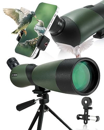 25-75x70mm Spektive mit Stativ, Telefonadapter & Tragetasche, Zoom BAK4 Prisma 45 Grad wasserdichtes Teleskop für Zielschießen Vogelbeobachtung Jagd Wildlife Landschaft (GN016-70) (Green)