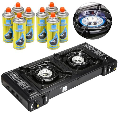 Taylor & Brown Portable Dual Burner Camping Stove Stainless Steel with 8 Butane Gas & Carry Case | EN417 Compliant Premium Gas Double Stove | with Automatic Ignition & Heat Control