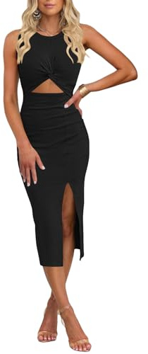 oten Women's Casual Sleeveless Cutout Side Slit Crew Neck Ribbed Knit Party Bodycon Midi Dresses Black Medium