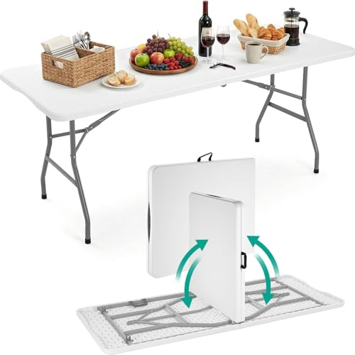 LIFERUN Tavolo da Giardino Pieghevole 180x75 cm,Tavolo da Buffet con Impugnatura di Trasporto,Tavolo Pieghevole in HDPE Plastica per 10 Persone, Bianco,Tavolo da Campeggio Tavolo Feste