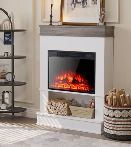 M.C.Haus Chimenea Eléctrica con Repisa de Chimenea, Chimenea de 23” Insertada, Repisa Abierta y Tablero de Mesa, Chimenea con Acabado de Madera de Ingeniería, Roble Rústico y Blanco